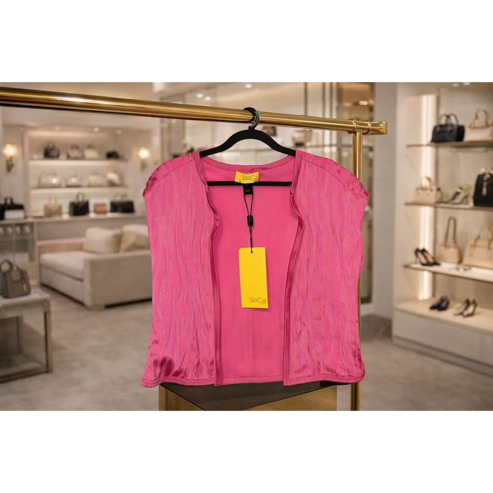 St John SoCa Hot Pink Jacquard Sleeveless Open Jacket Wool Blend Size Small NWT